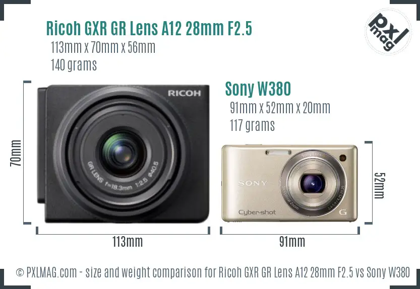 Ricoh GXR GR Lens A12 28mm F2.5 vs Sony W380 size comparison