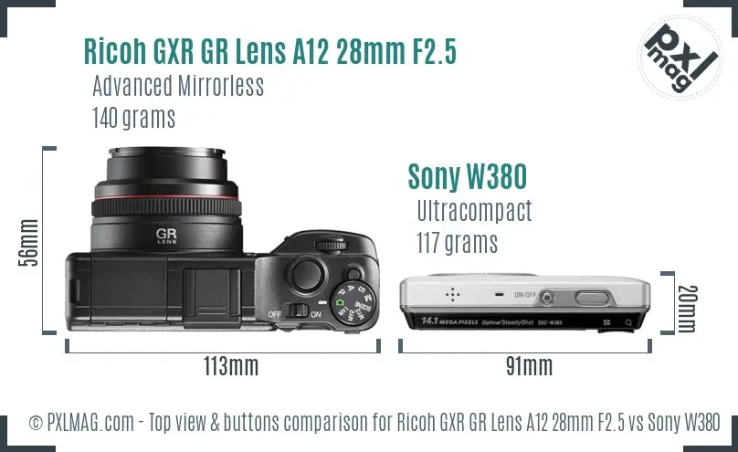 Ricoh GXR GR Lens A12 28mm F2.5 vs Sony W380 top view buttons comparison