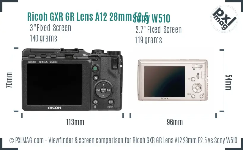 Ricoh GXR GR Lens A12 28mm F2.5 vs Sony W510 Screen and Viewfinder comparison