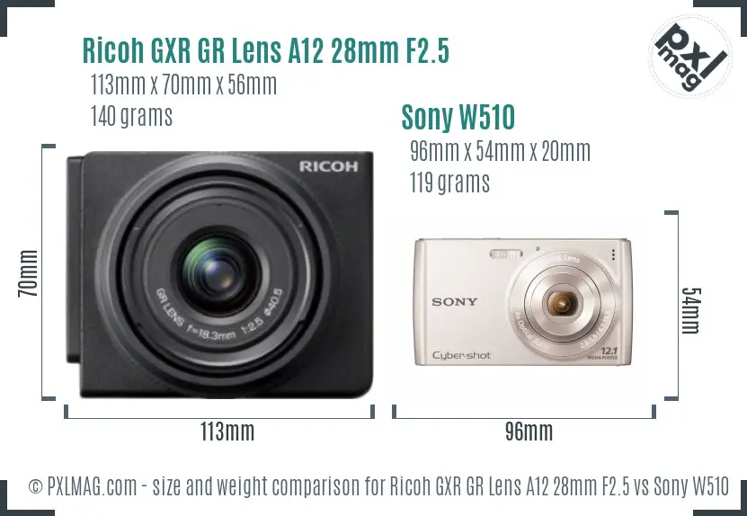 Ricoh GXR GR Lens A12 28mm F2.5 vs Sony W510 size comparison