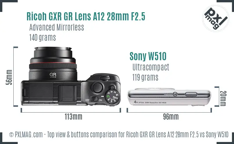Ricoh GXR GR Lens A12 28mm F2.5 vs Sony W510 top view buttons comparison