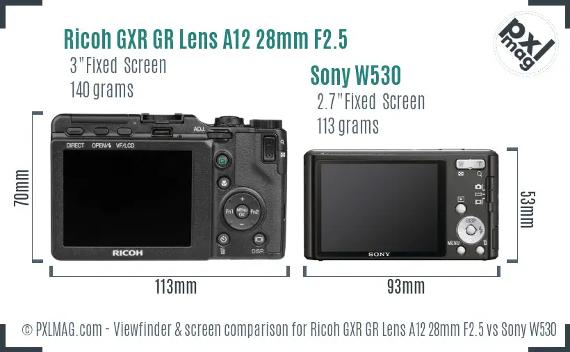 Ricoh GXR GR Lens A12 28mm F2.5 vs Sony W530 Screen and Viewfinder comparison