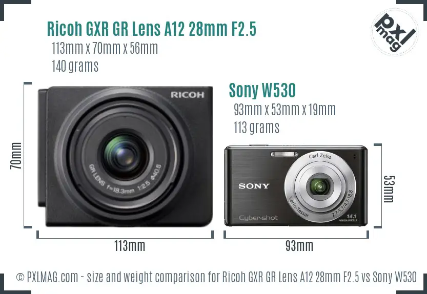 Ricoh GXR GR Lens A12 28mm F2.5 vs Sony W530 size comparison