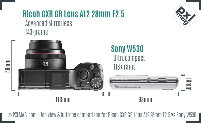 Ricoh GXR GR Lens A12 28mm F2.5 vs Sony W530 top view buttons comparison