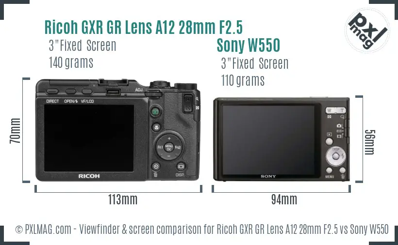 Ricoh GXR GR Lens A12 28mm F2.5 vs Sony W550 Screen and Viewfinder comparison