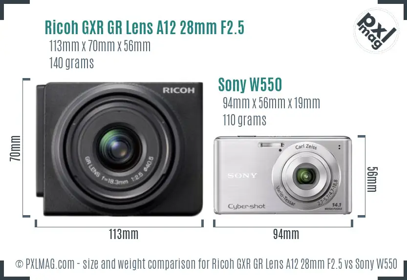 Ricoh GXR GR Lens A12 28mm F2.5 vs Sony W550 size comparison