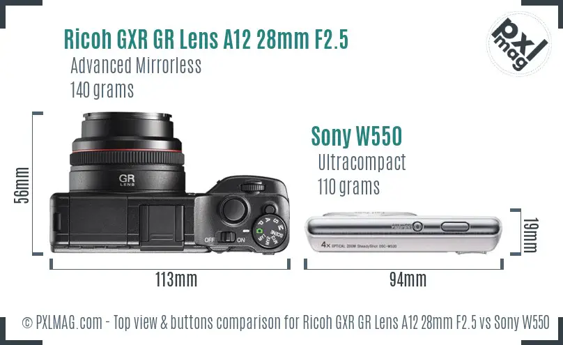 Ricoh GXR GR Lens A12 28mm F2.5 vs Sony W550 top view buttons comparison
