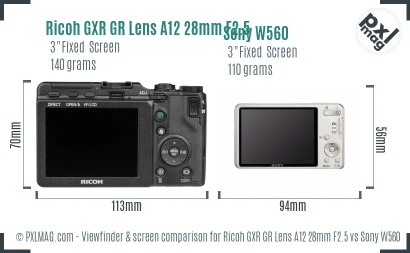 Ricoh GXR GR Lens A12 28mm F2.5 vs Sony W560 Screen and Viewfinder comparison