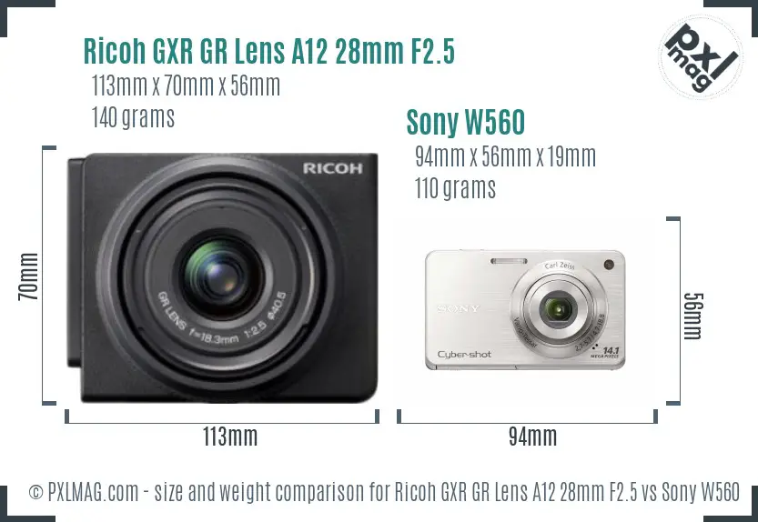 Ricoh GXR GR Lens A12 28mm F2.5 vs Sony W560 size comparison