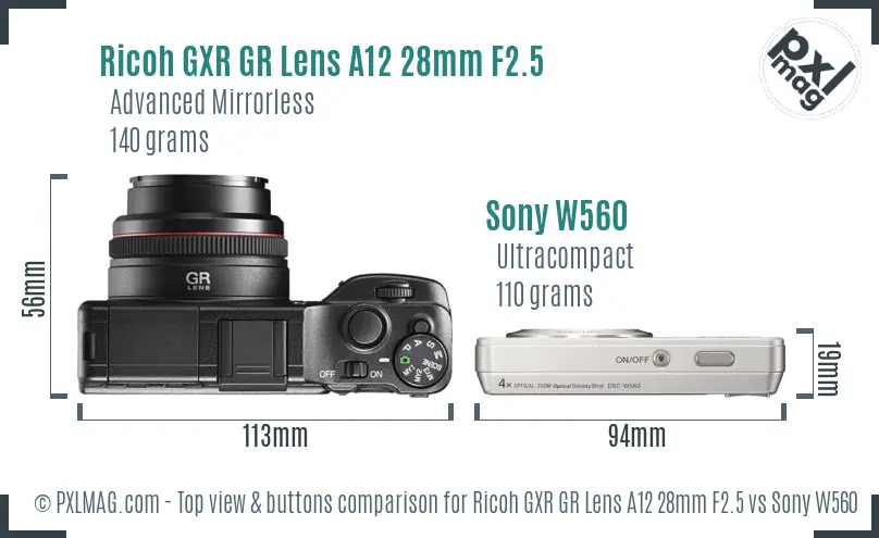 Ricoh GXR GR Lens A12 28mm F2.5 vs Sony W560 top view buttons comparison