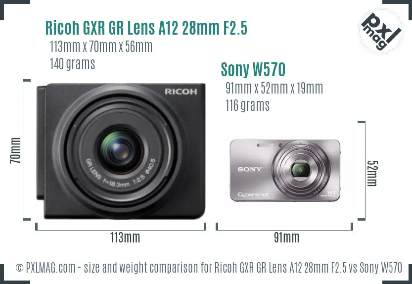 Ricoh GXR GR Lens A12 28mm F2.5 vs Sony W570 size comparison
