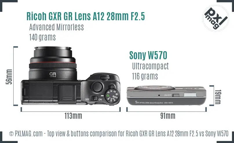 Ricoh GXR GR Lens A12 28mm F2.5 vs Sony W570 top view buttons comparison