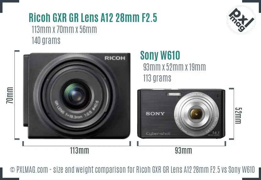 Ricoh GXR GR Lens A12 28mm F2.5 vs Sony W610 size comparison Ricoh GXR GR Lens A12 28mm F2.5 vs Sony W610 size comparison