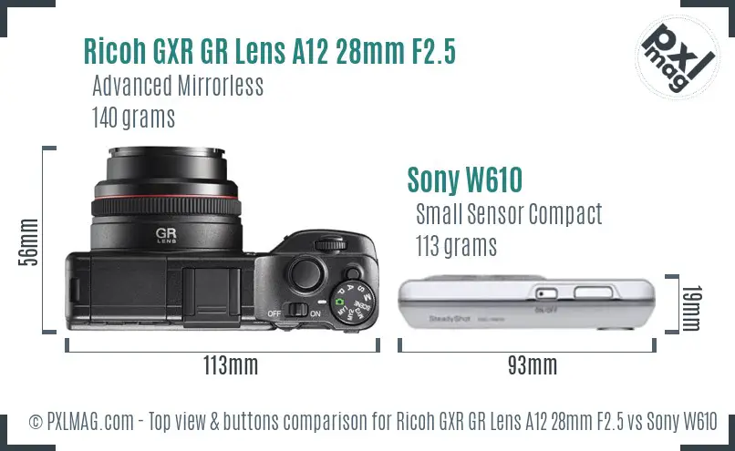 Ricoh GXR GR Lens A12 28mm F2.5 vs Sony W610 top view buttons comparison Ricoh GXR GR Lens A12 28mm F2.5 vs Sony W610 top view buttons comparison