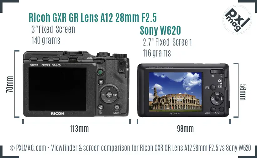 Ricoh GXR GR Lens A12 28mm F2.5 vs Sony W620 Screen and Viewfinder comparison
