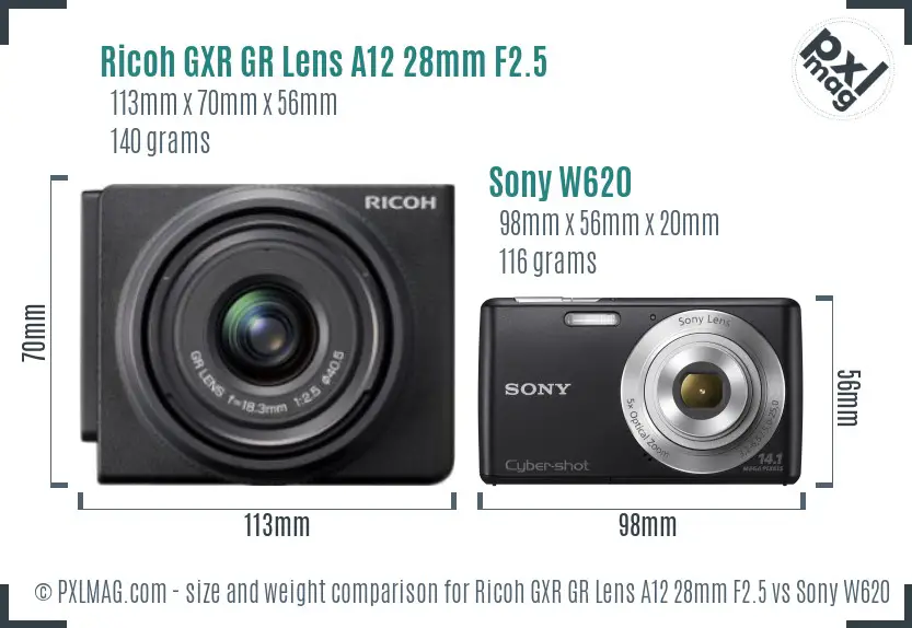 Ricoh GXR GR Lens A12 28mm F2.5 vs Sony W620 size comparison