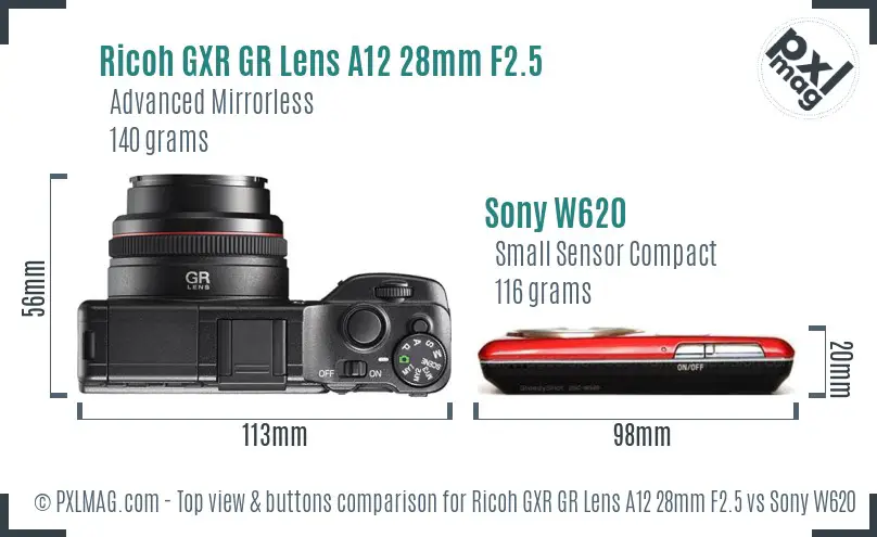 Ricoh GXR GR Lens A12 28mm F2.5 vs Sony W620 top view buttons comparison