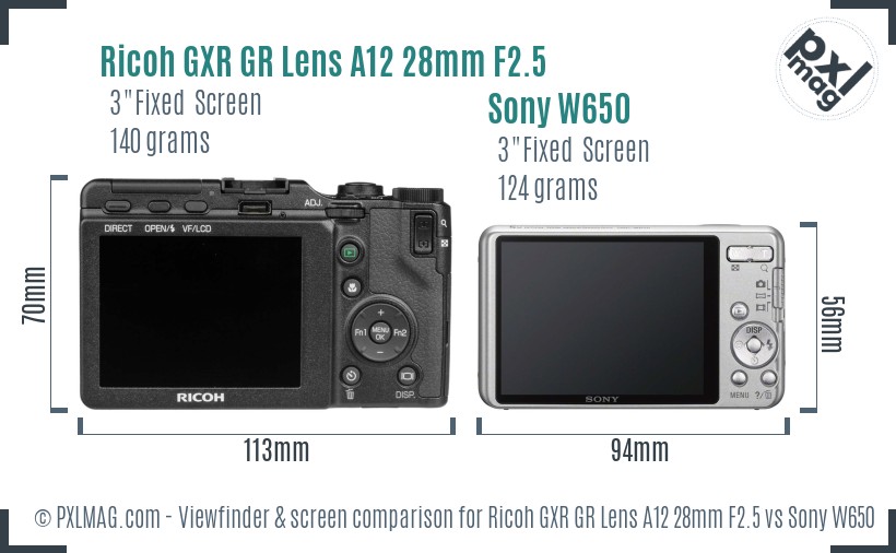 Ricoh GXR GR Lens A12 28mm F2.5 vs Sony W650 Screen and Viewfinder comparison