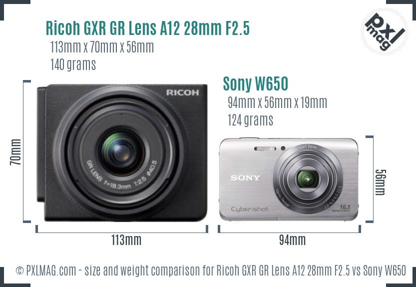 Ricoh GXR GR Lens A12 28mm F2.5 vs Sony W650 size comparison