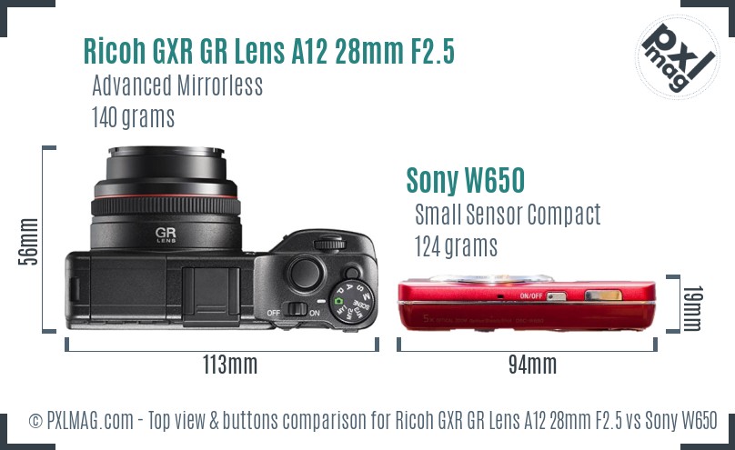 Ricoh GXR GR Lens A12 28mm F2.5 vs Sony W650 top view buttons comparison