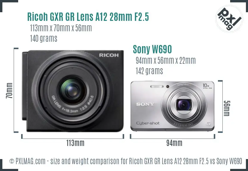 Ricoh GXR GR Lens A12 28mm F2.5 vs Sony W690 size comparison