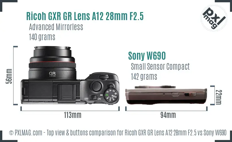 Ricoh GXR GR Lens A12 28mm F2.5 vs Sony W690 top view buttons comparison