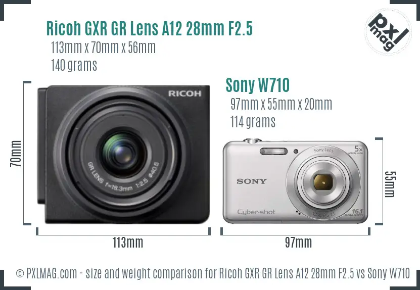 Ricoh GXR GR Lens A12 28mm F2.5 vs Sony W710 size comparison