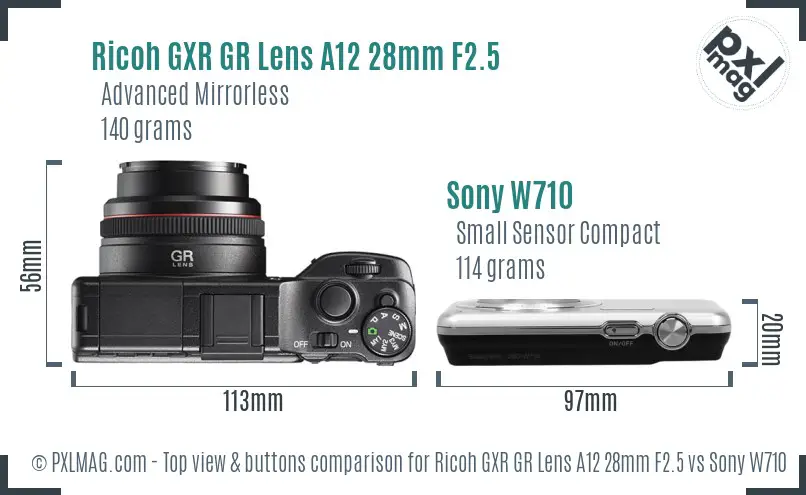 Ricoh GXR GR Lens A12 28mm F2.5 vs Sony W710 top view buttons comparison