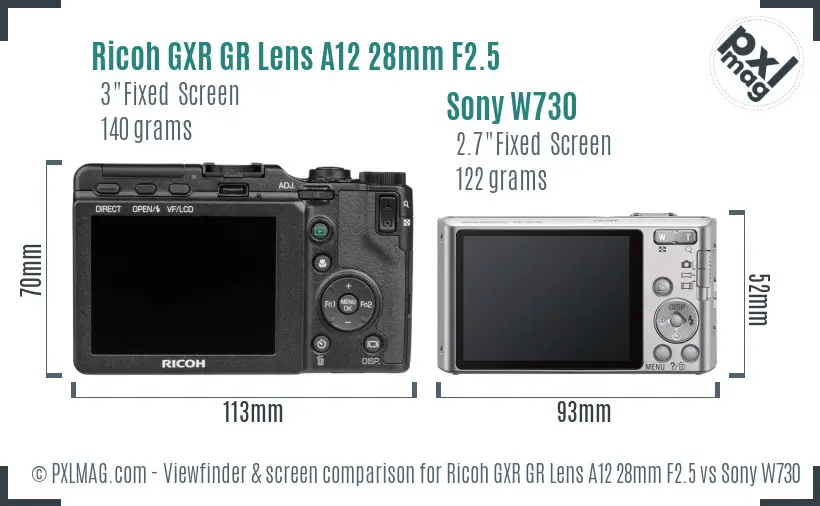 Ricoh GXR GR Lens A12 28mm F2.5 vs Sony W730 Screen and Viewfinder comparison