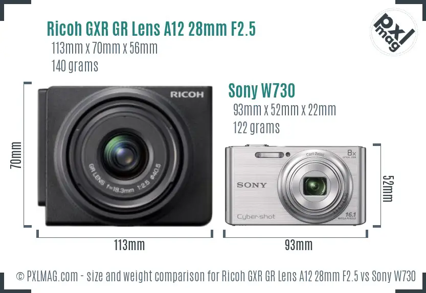 Ricoh GXR GR Lens A12 28mm F2.5 vs Sony W730 size comparison