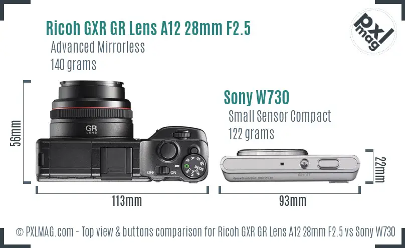 Ricoh GXR GR Lens A12 28mm F2.5 vs Sony W730 top view buttons comparison