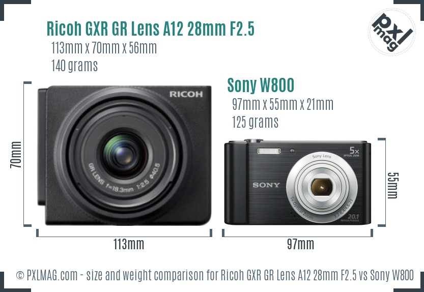 Ricoh GXR GR Lens A12 28mm F2.5 vs Sony W800 size comparison