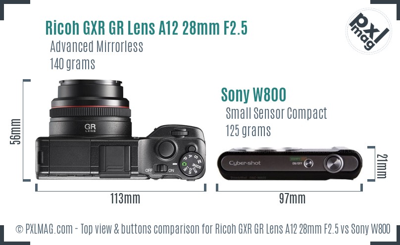 Ricoh GXR GR Lens A12 28mm F2.5 vs Sony W800 top view buttons comparison