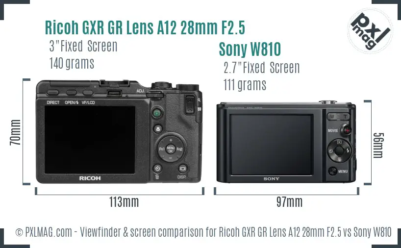 Ricoh GXR GR Lens A12 28mm F2.5 vs Sony W810 Screen and Viewfinder comparison