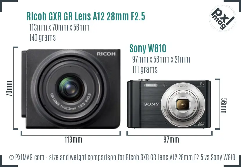 Ricoh GXR GR Lens A12 28mm F2.5 vs Sony W810 size comparison