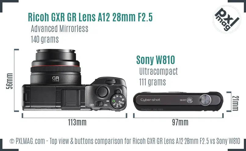 Ricoh GXR GR Lens A12 28mm F2.5 vs Sony W810 top view buttons comparison