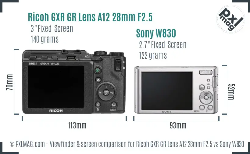 Ricoh GXR GR Lens A12 28mm F2.5 vs Sony W830 Screen and Viewfinder comparison