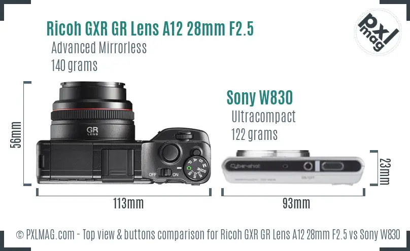 Ricoh GXR GR Lens A12 28mm F2.5 vs Sony W830 top view buttons comparison