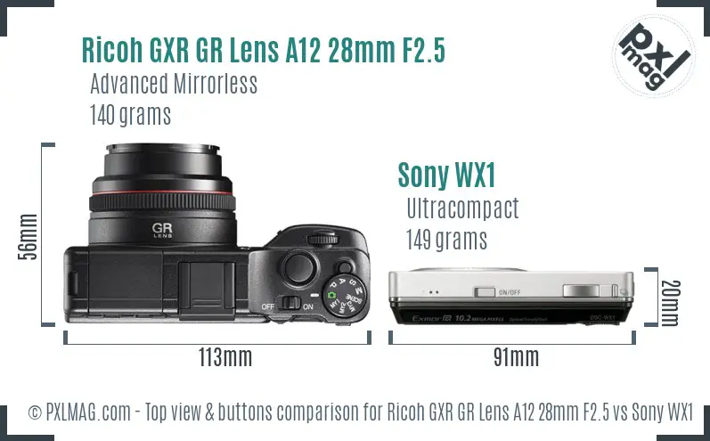 Ricoh GXR GR Lens A12 28mm F2.5 vs Sony WX1 top view buttons comparison Ricoh GXR GR Lens A12 28mm F2.5 vs Sony WX1 top view buttons comparison