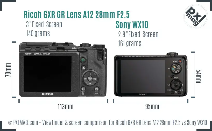 Ricoh GXR GR Lens A12 28mm F2.5 vs Sony WX10 Screen and Viewfinder comparison