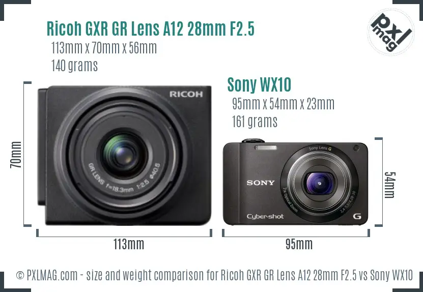 Ricoh GXR GR Lens A12 28mm F2.5 vs Sony WX10 size comparison