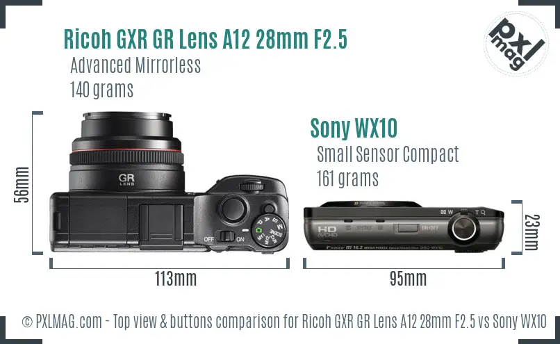 Ricoh GXR GR Lens A12 28mm F2.5 vs Sony WX10 top view buttons comparison