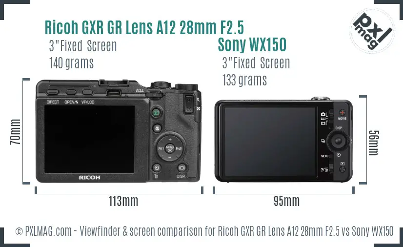 Ricoh GXR GR Lens A12 28mm F2.5 vs Sony WX150 Screen and Viewfinder comparison