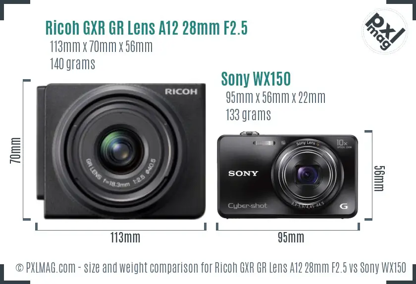 Ricoh GXR GR Lens A12 28mm F2.5 vs Sony WX150 size comparison