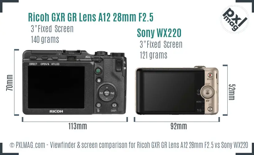 Ricoh GXR GR Lens A12 28mm F2.5 vs Sony WX220 Screen and Viewfinder comparison