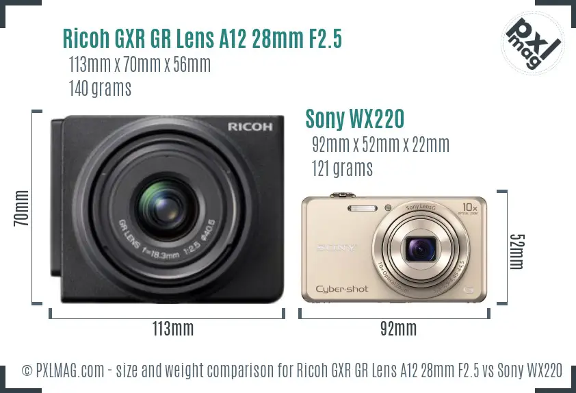 Ricoh GXR GR Lens A12 28mm F2.5 vs Sony WX220 size comparison