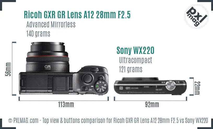 Ricoh GXR GR Lens A12 28mm F2.5 vs Sony WX220 top view buttons comparison