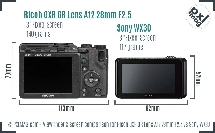 Ricoh GXR GR Lens A12 28mm F2.5 vs Sony WX30 Screen and Viewfinder comparison