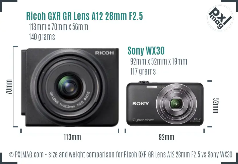 Ricoh GXR GR Lens A12 28mm F2.5 vs Sony WX30 size comparison