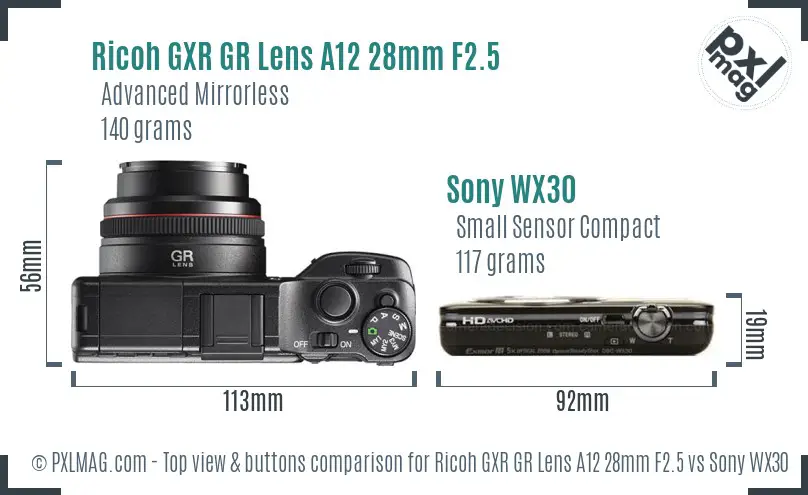 Ricoh GXR GR Lens A12 28mm F2.5 vs Sony WX30 top view buttons comparison